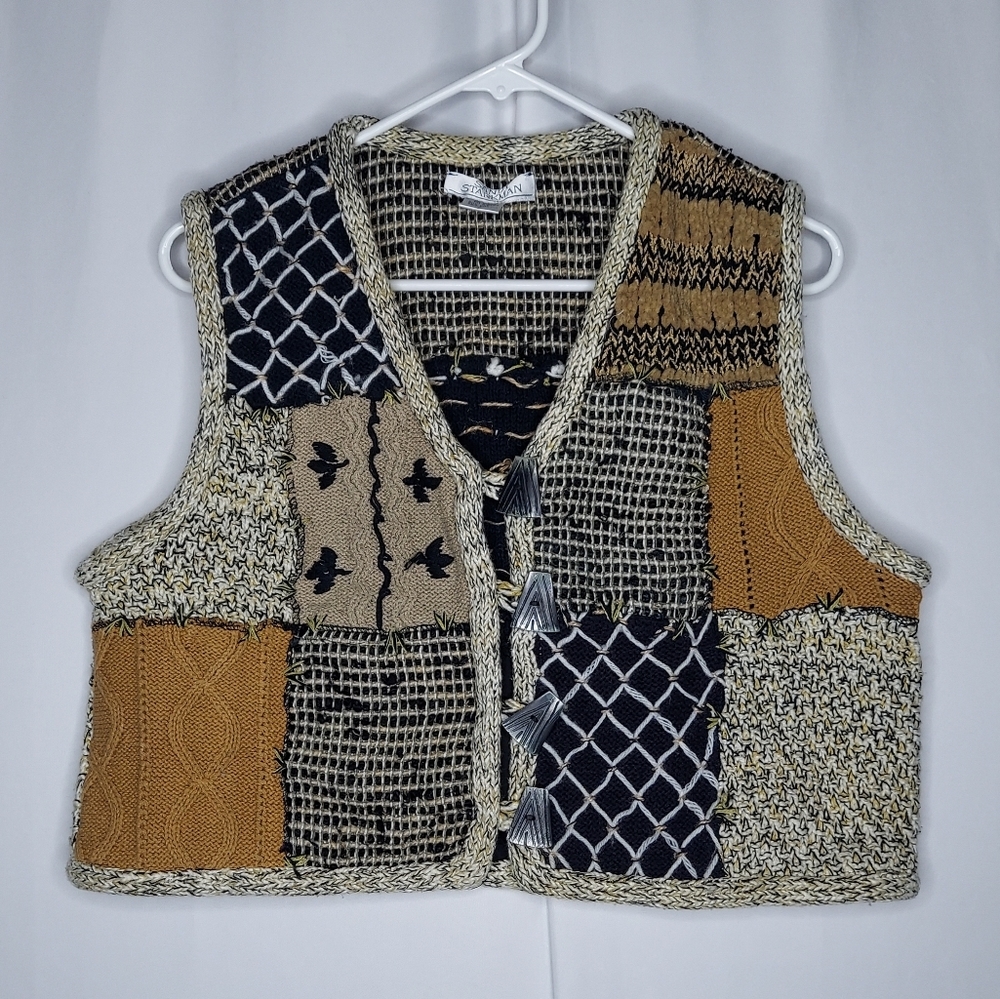 Sandy Starkman Vest Large Women Vtg Cableknit Toggle Button Patchwork Silk